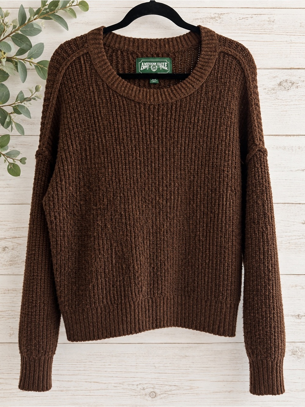 American Eagle Brown Chunky Knit Sweater Cozy Ribbed Crewneck